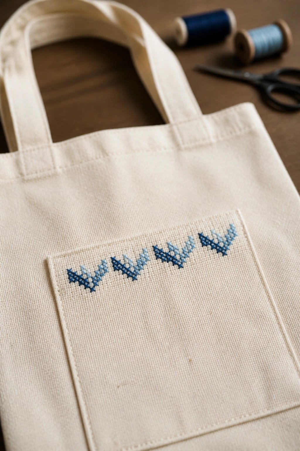 Canvas tote bag with blue cross-stitch hearts on pocket, thread spools nearby.