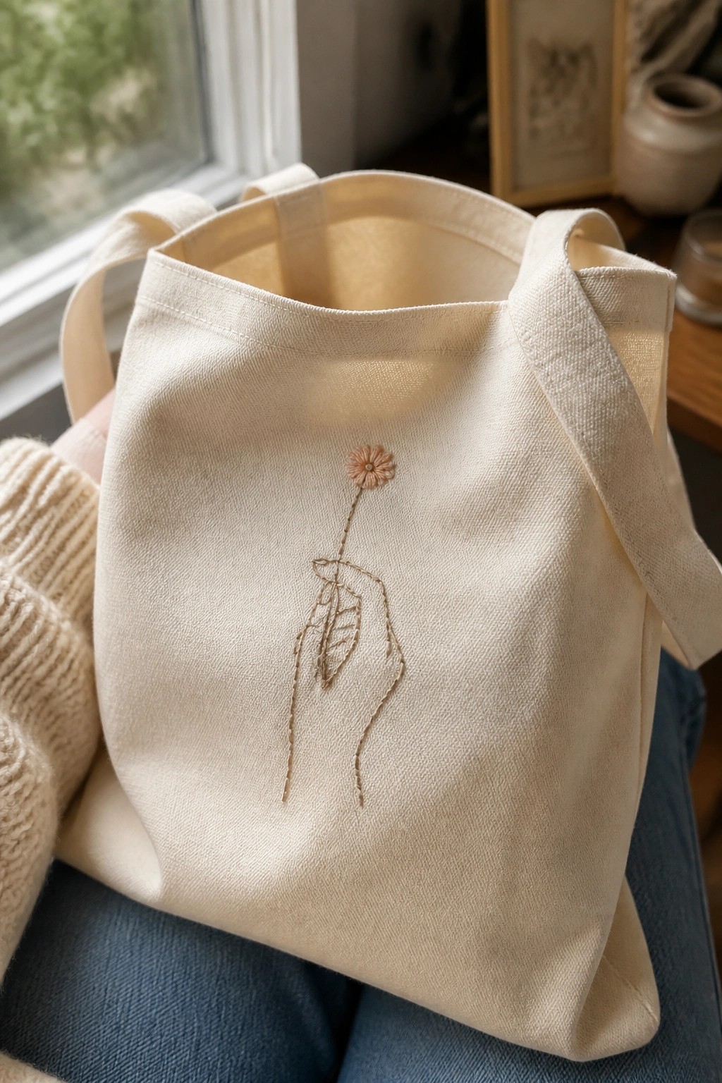 Cream tote bag with brown thread embroidery of a hand holding a flower, resting on blue jeans.