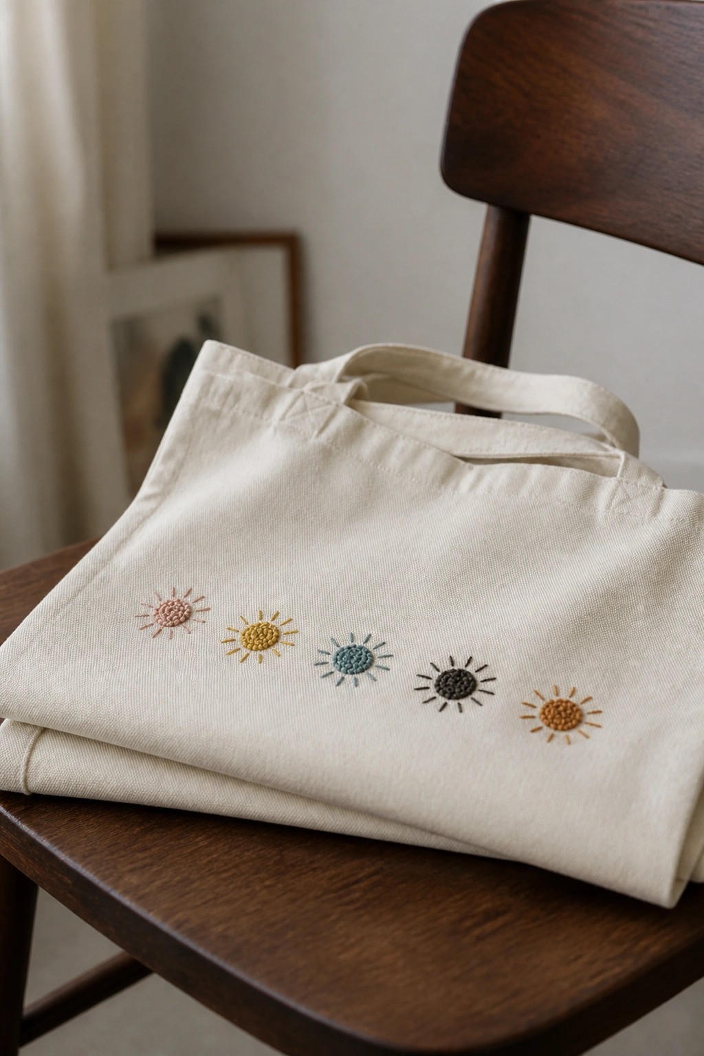 Cream canvas tote bag with colorful embroidered suns on wooden chair