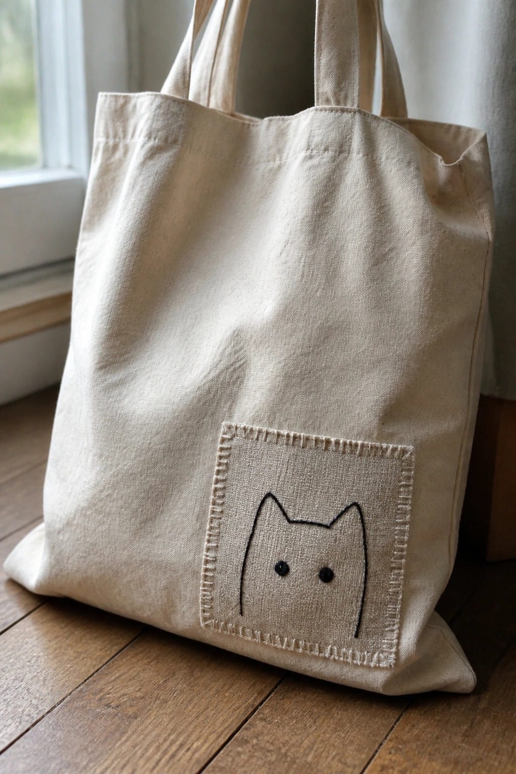 A beige canvas tote bag with a small rectangular patch showing a black-outlined cat face with two dot eyes sewn on the lower front.