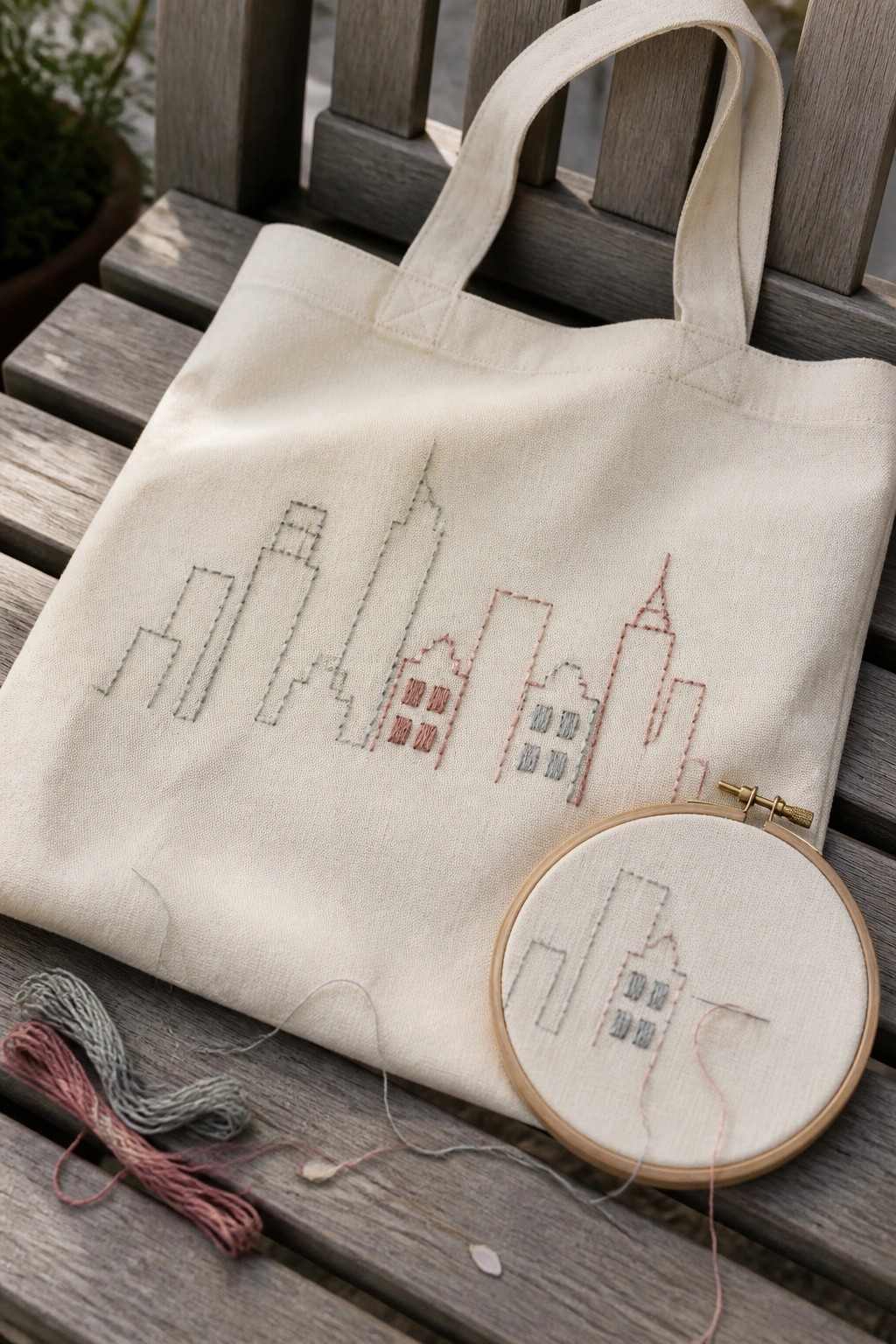A cream tote bag with a multicolored city skyline embroidery rests on a wooden bench beside an embroidery hoop showing a similar partial skyline and loose threads.