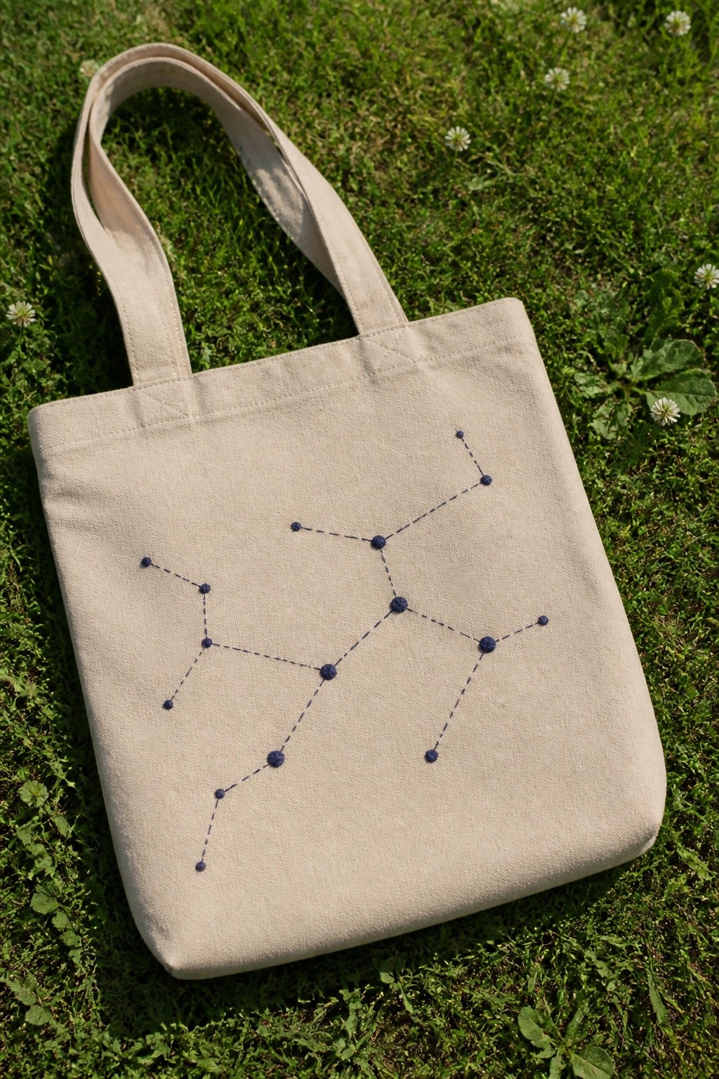 Beige canvas tote bag with blue constellation embroidery on green grass