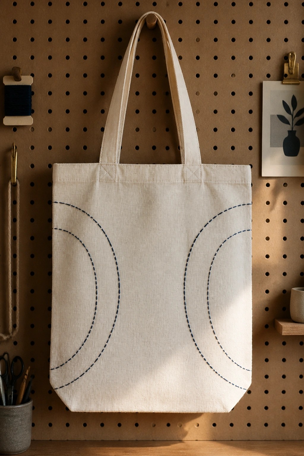 Off-white canvas tote bag with blue curved stitching on brown pegboard