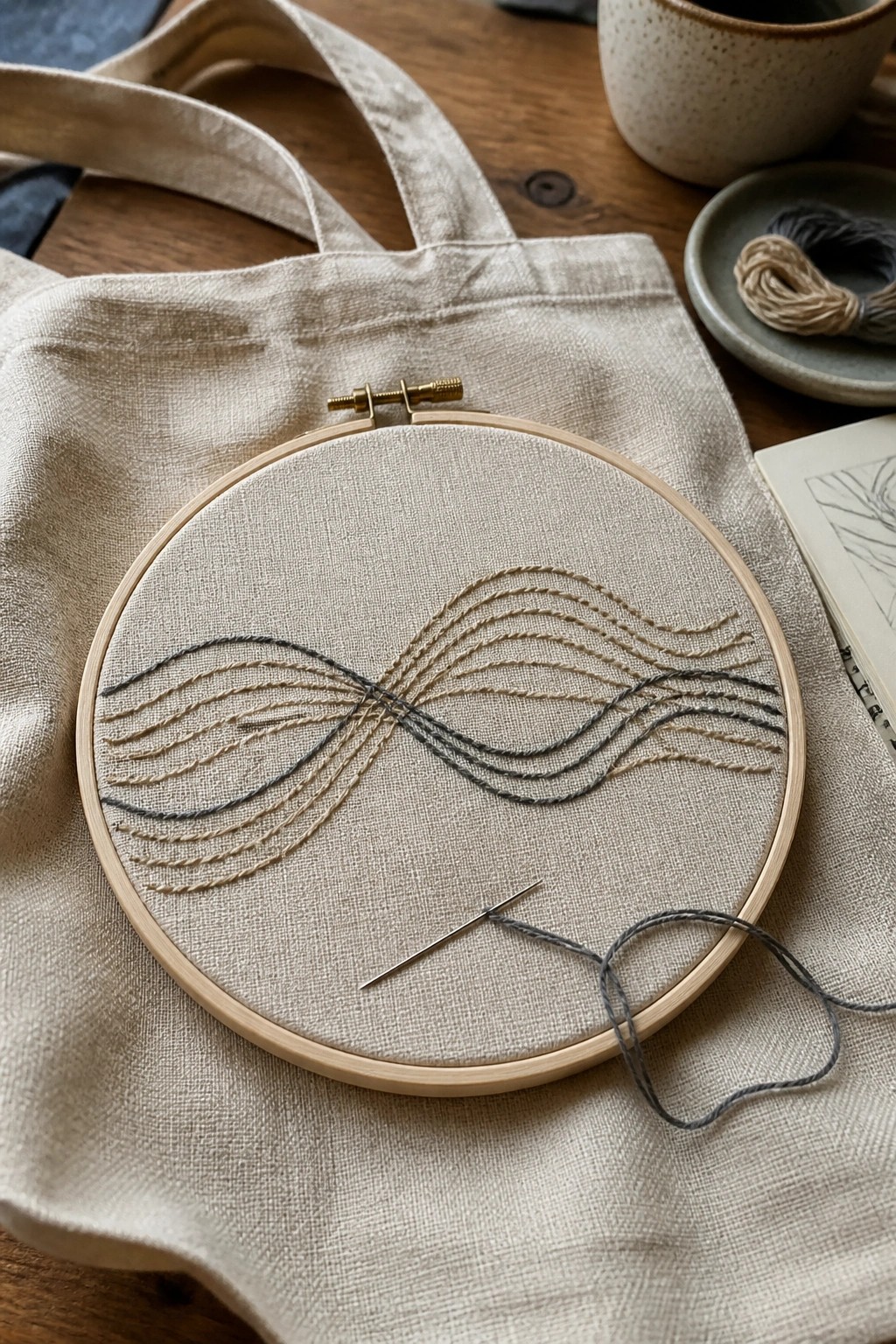 Abstract embroidery of wavy lines in beige and gray on canvas tote bag with needle.