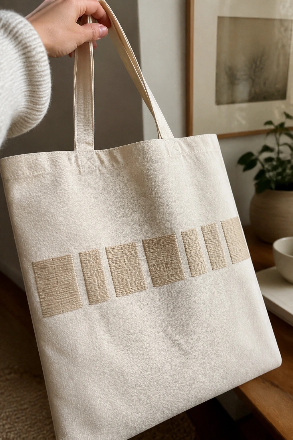 Hand in white knit sweater holding beige tote with embroidered rectangles