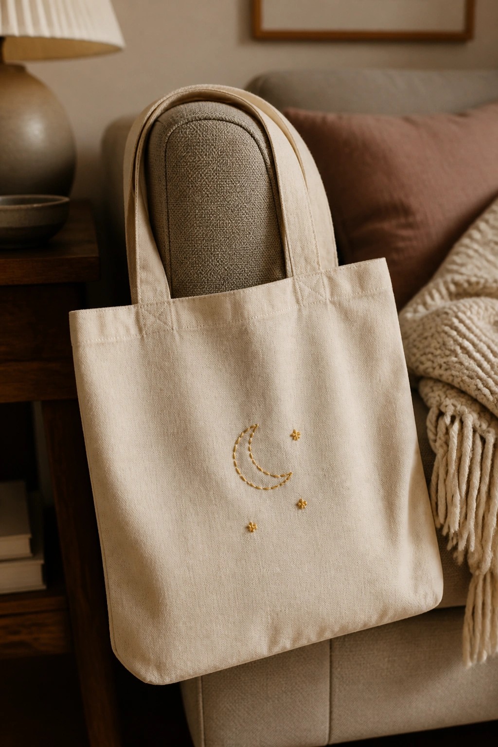 A beige canvas tote bag with a small yellow crescent moon and three stars embroidered on the front hangs over a chair.