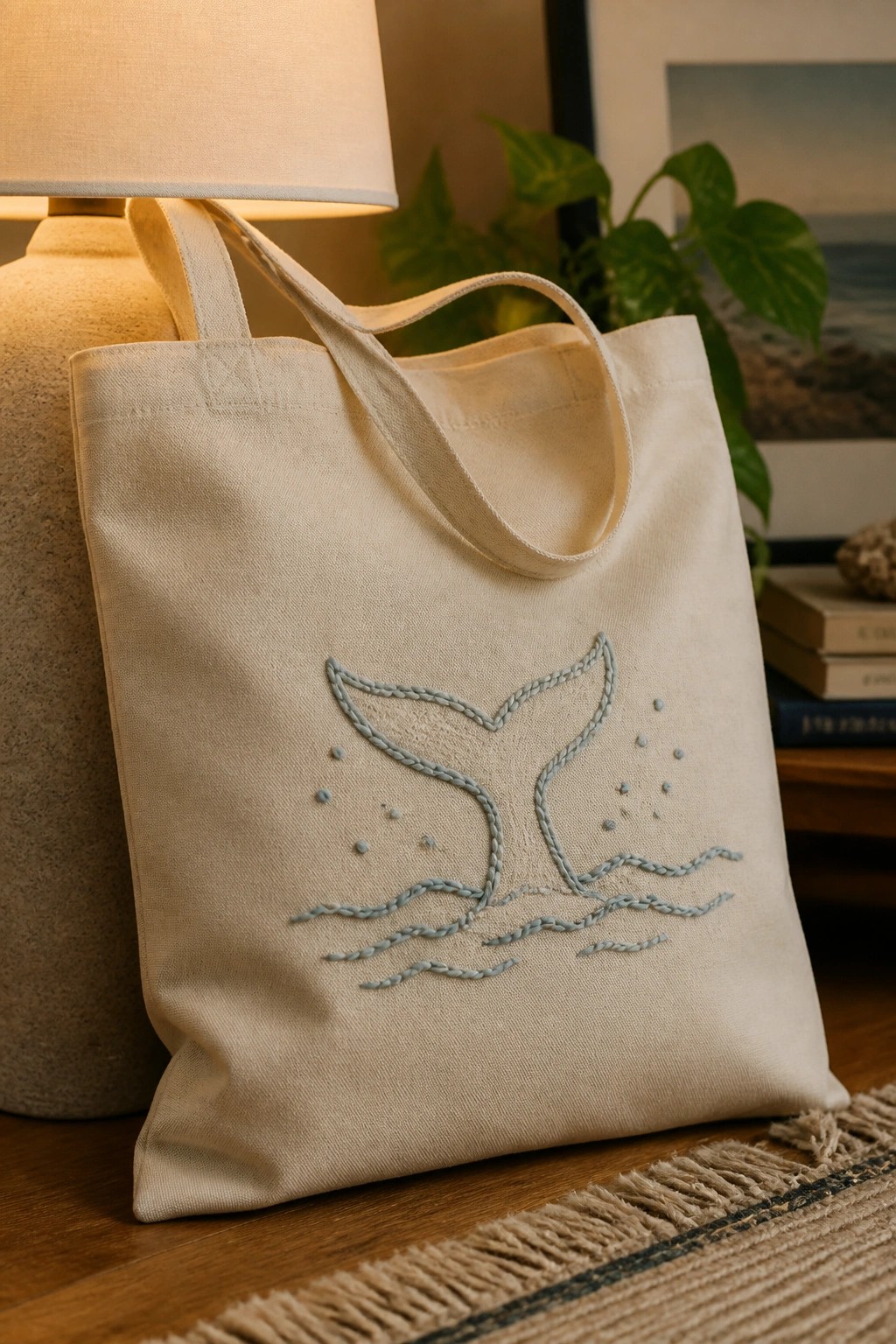 Beige canvas tote bag with light blue embroidered whale tail, waves, and dots centered on the front.