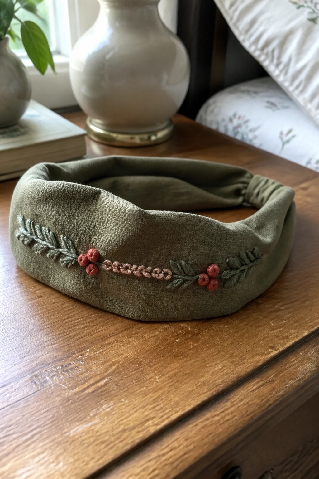 Embroidered olive green headband with red berries and leaves on wooden table.