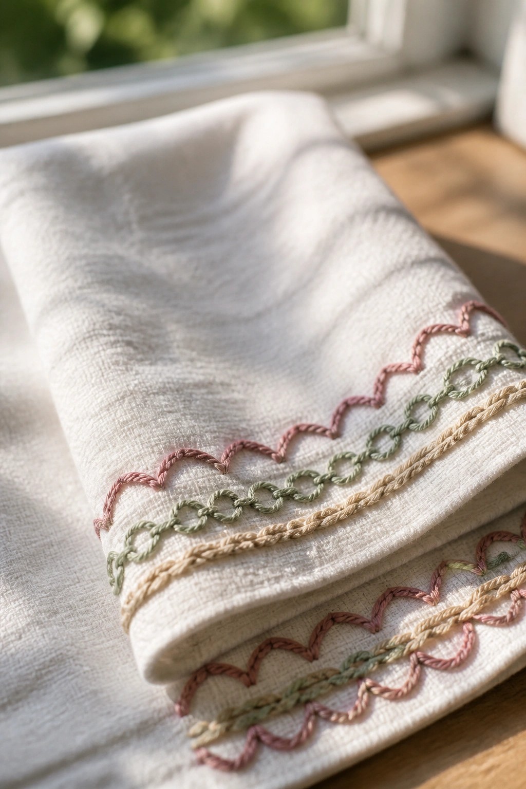 Folded white fabric showing pink wavy stitches, green loops, and beige braided rows along the edges.