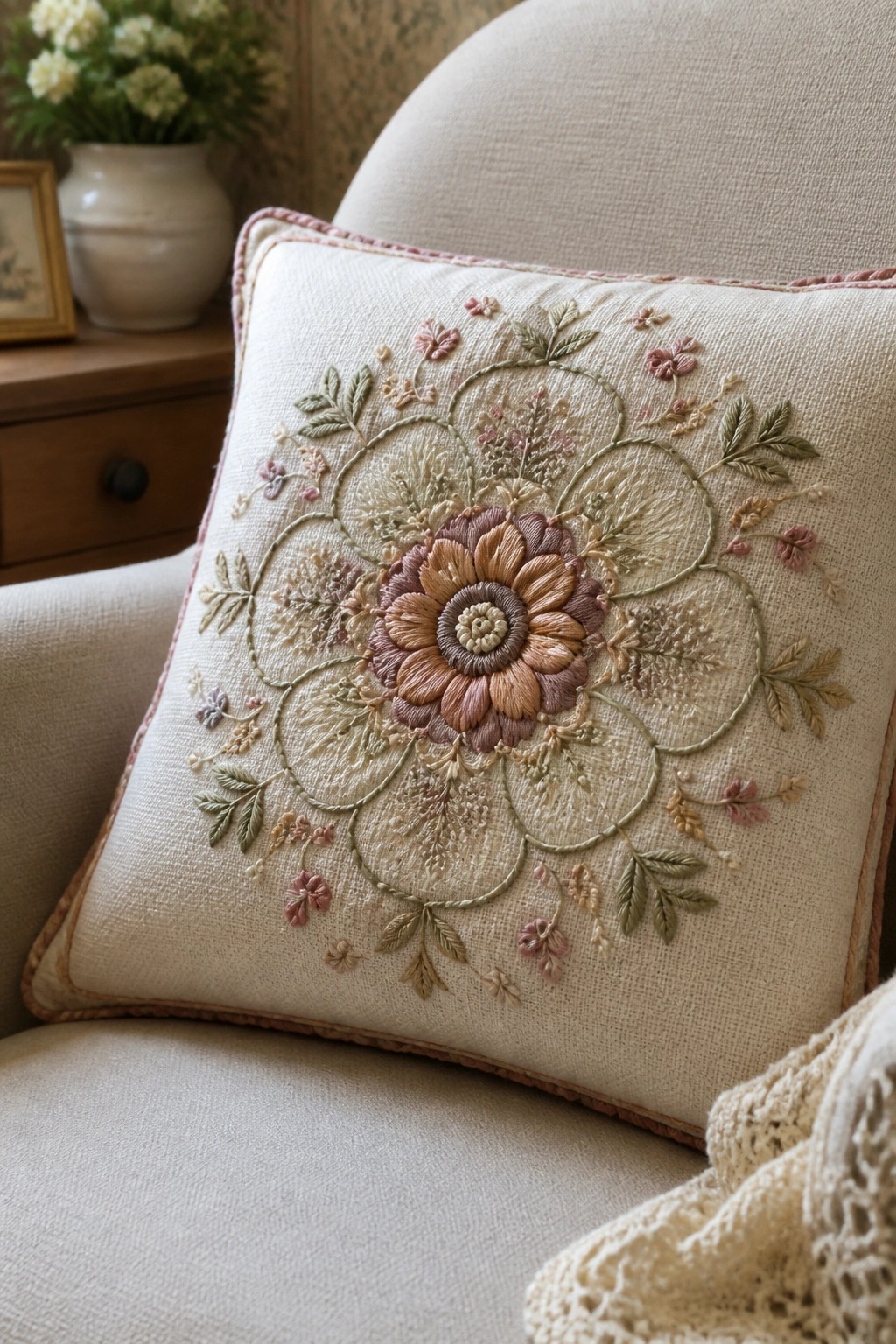 Cream pillow with large central embroidered flower in soft pink, beige, and green tones resting on a chair.