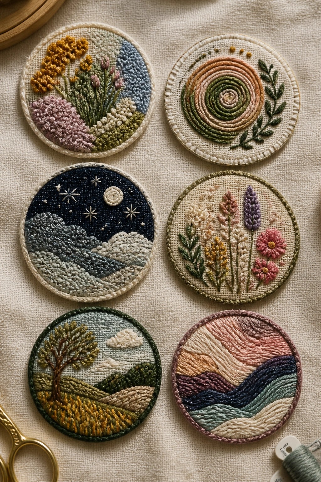 Six small circular embroidered patches showing different landscape and flower scenes arranged on beige fabric with scissors and thread nearby.