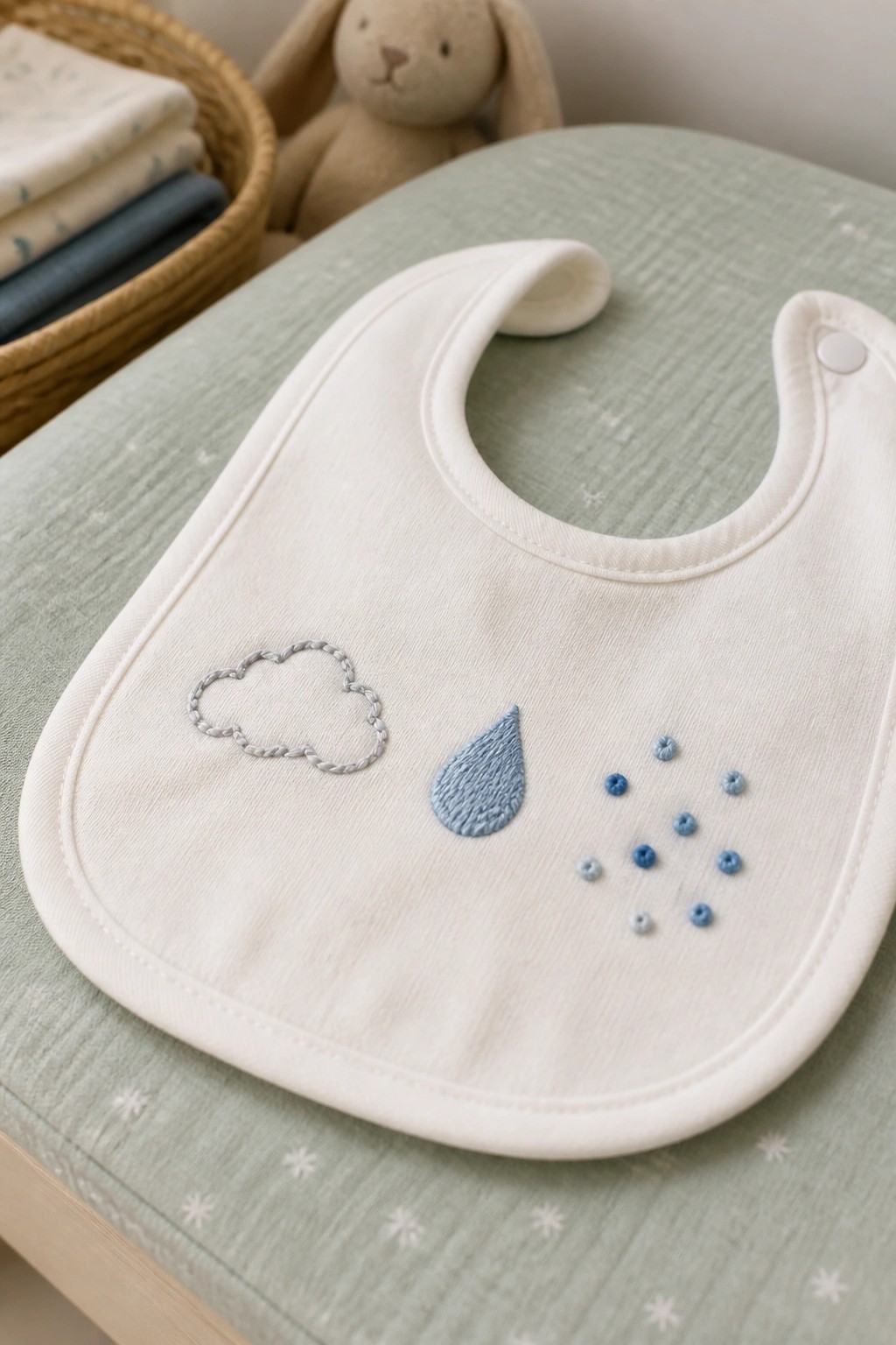 White baby bib embroidered with gray cloud and blue raindrops on green fabric