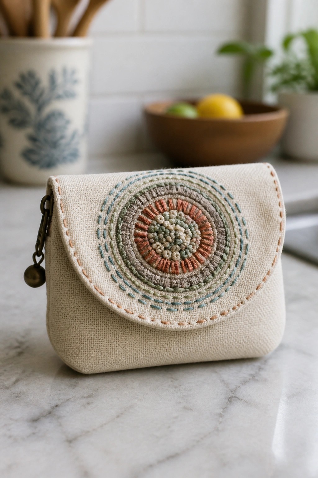 Beige embroidered pouch with colorful circular design on marble countertop