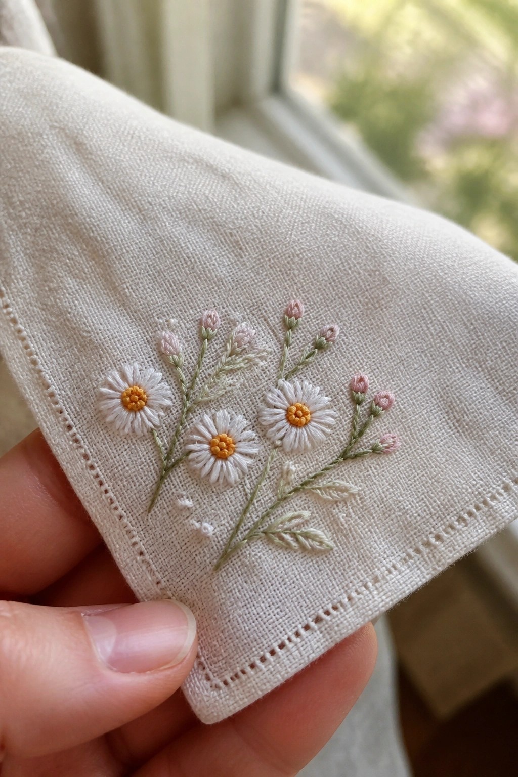 Hand holding white fabric embroidered with daisies, pink buds, and green leaves.
