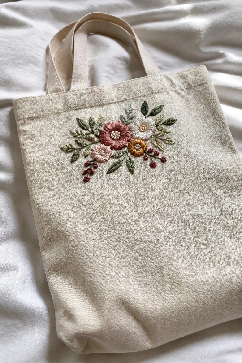 Beige canvas tote bag with colorful floral embroidery on white fabric.