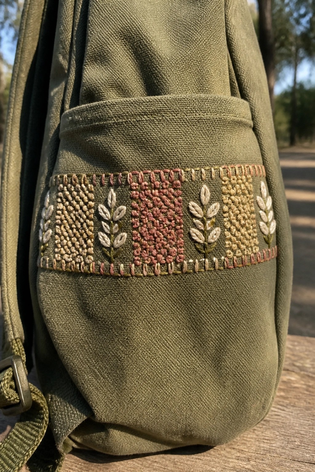 Green canvas backpack pocket with pink and beige floral embroidery patterns.