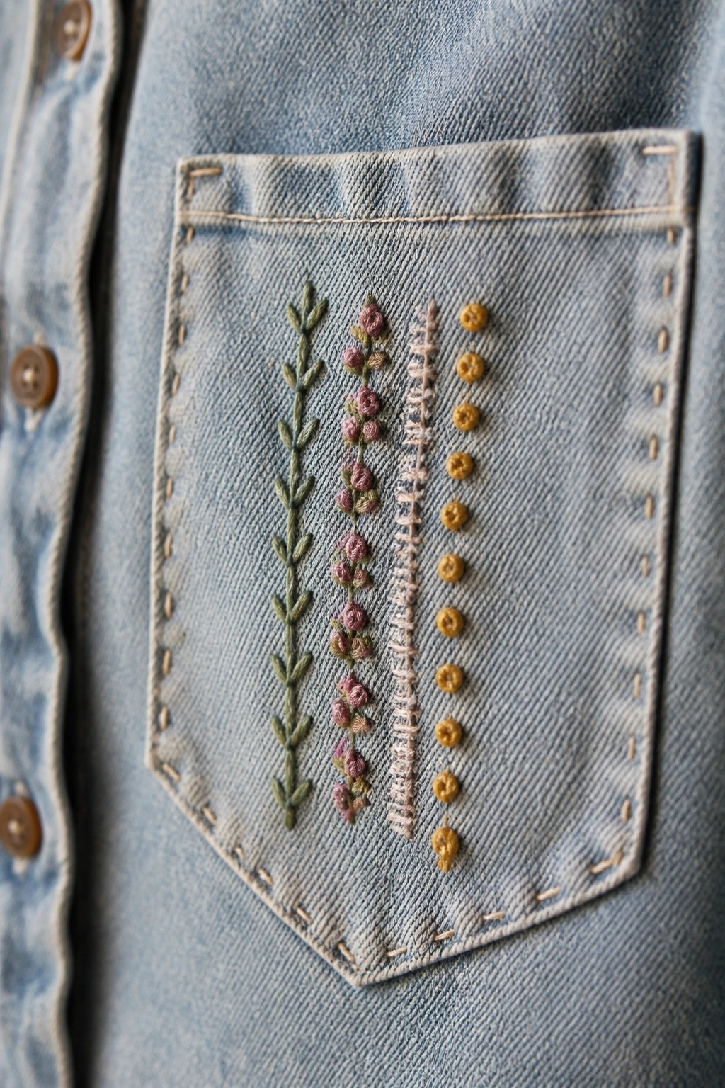 Close-up of a blue denim pocket embroidered with a green plant motif, pink flowers, a beige looped line, and a column of small yellow dots.