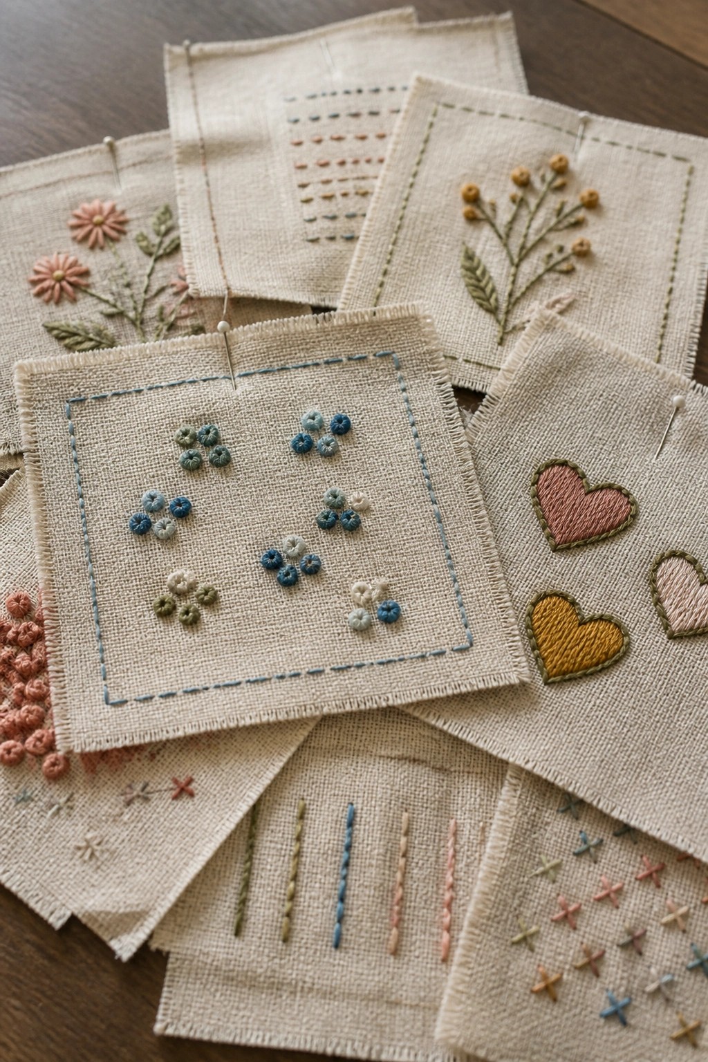 Pinned linen squares with pastel floral, heart, and stitch embroidery samples.