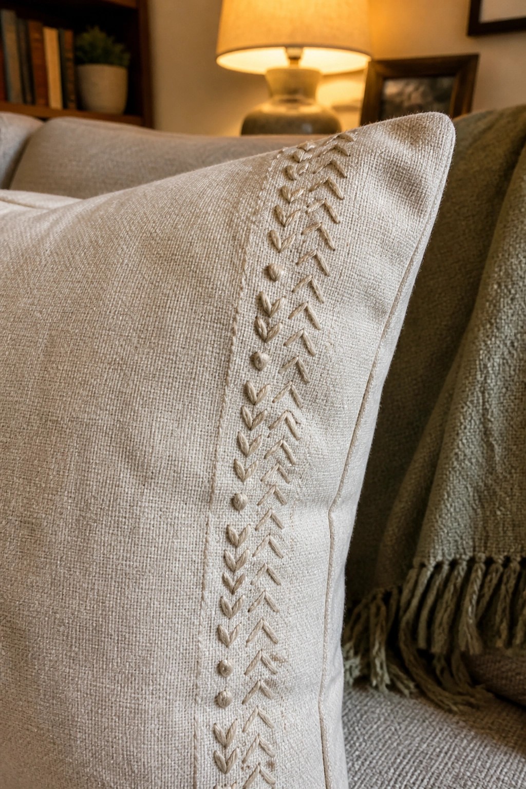 Beige linen pillow with herringbone embroidery beside olive green fringed throw blanket