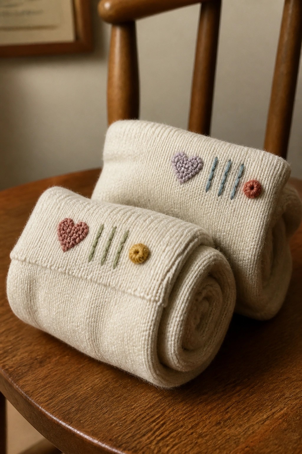 Rolled white knitted socks with pastel heart and flower embroidery on wooden chair
