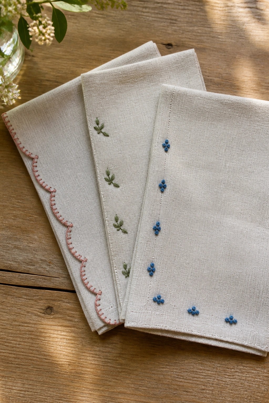 Three folded linen napkins with pink, green, and blue embroidery on wood