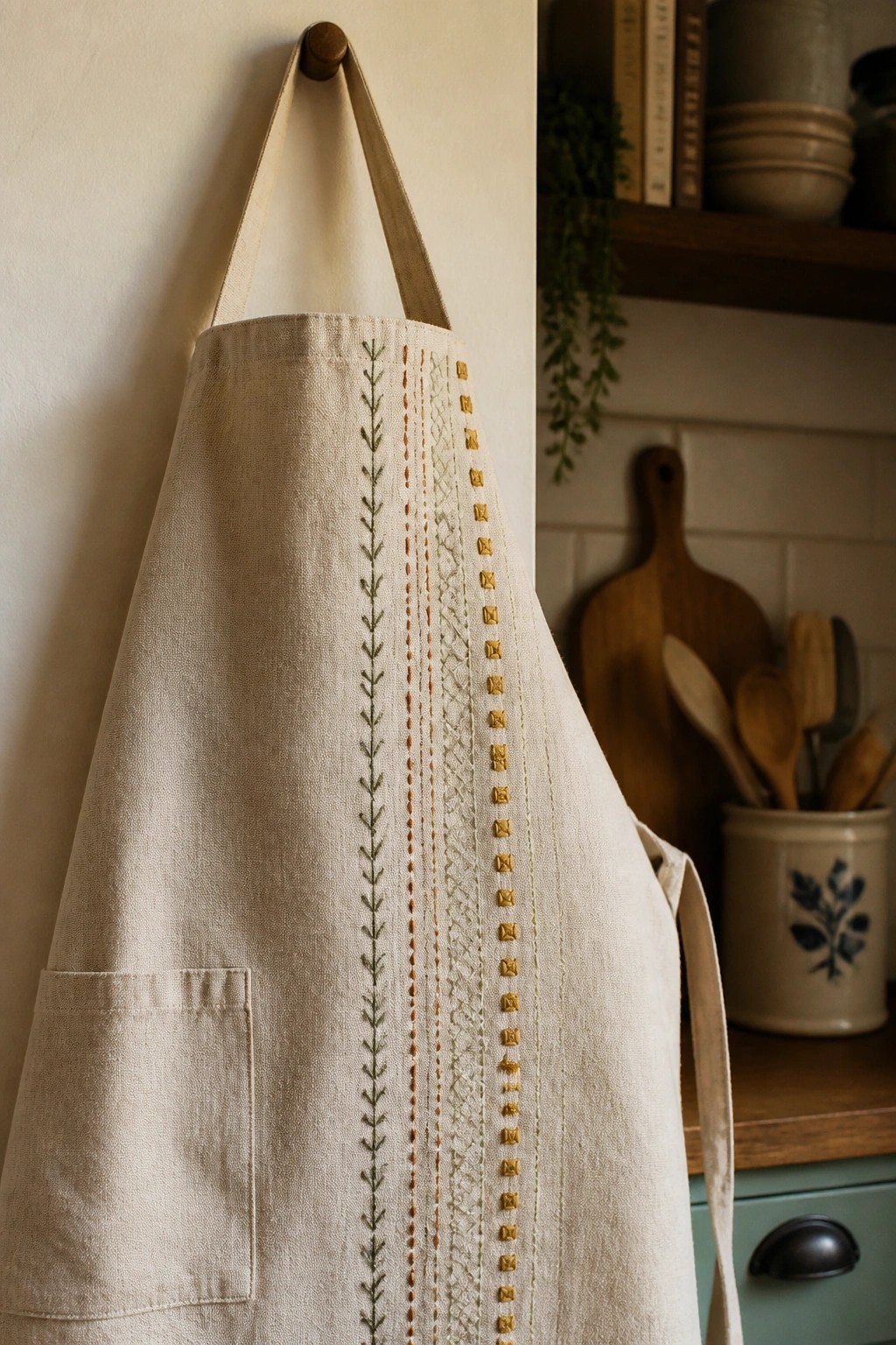 A beige apron with vertical embroidery stripes in green, orange, and yellow hangs on a wooden hook.