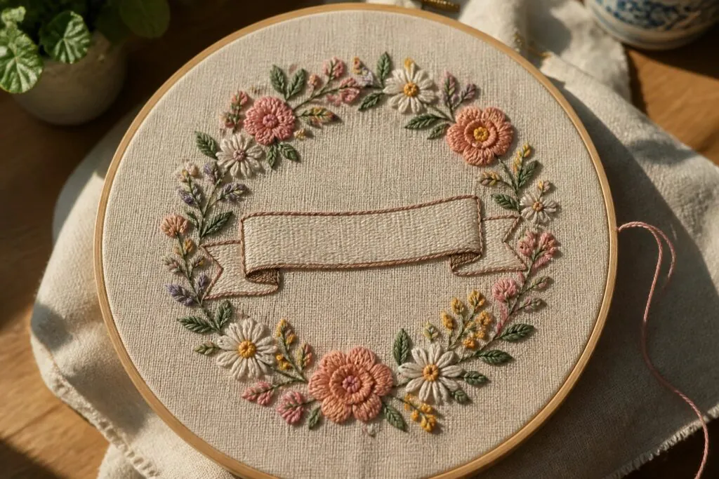 24 Unique Embroidery Ideas for Personalized Hoop Art and Gifts Colorful floral embroidery wreath with blank banner inside wooden hoop on fabric