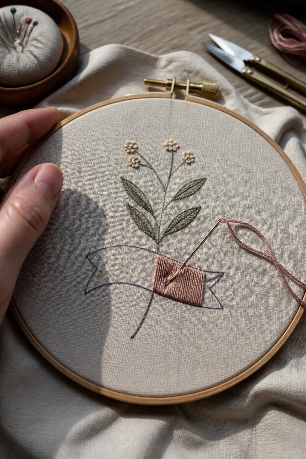 Hand holding hoop with floral embroidery and pink banner stitch in progress.