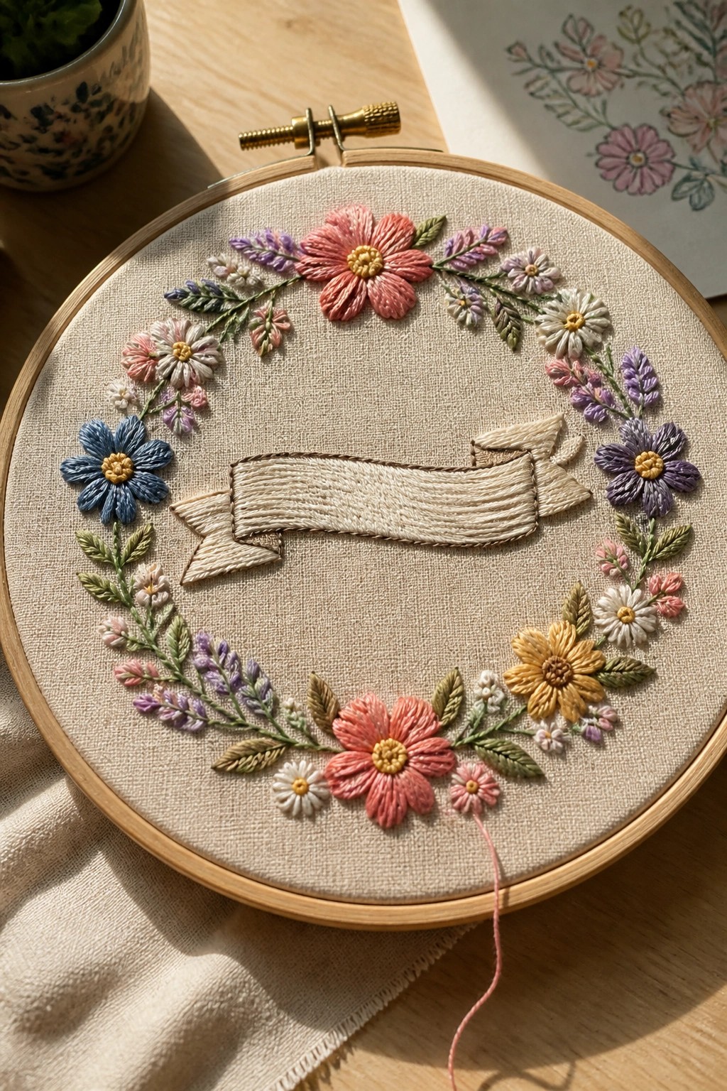 Colorful floral embroidery wreath with blank banner inside wooden hoop on fabric