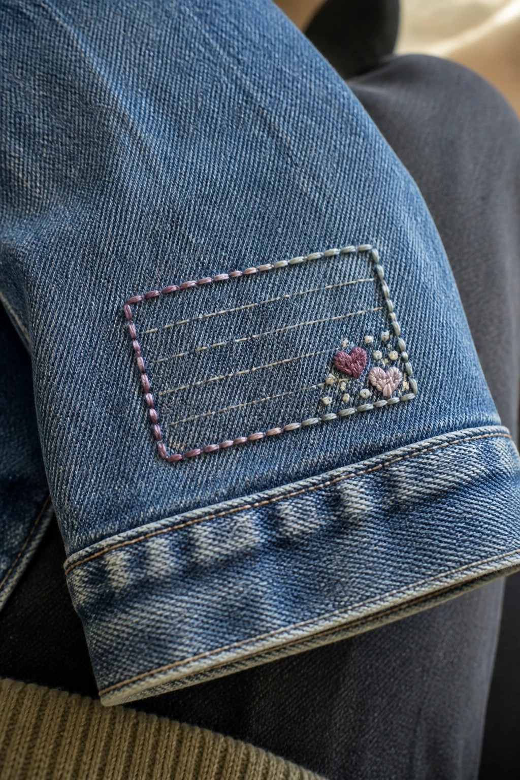 Blue denim sleeve with purple stitched rectangle and embroidered hearts