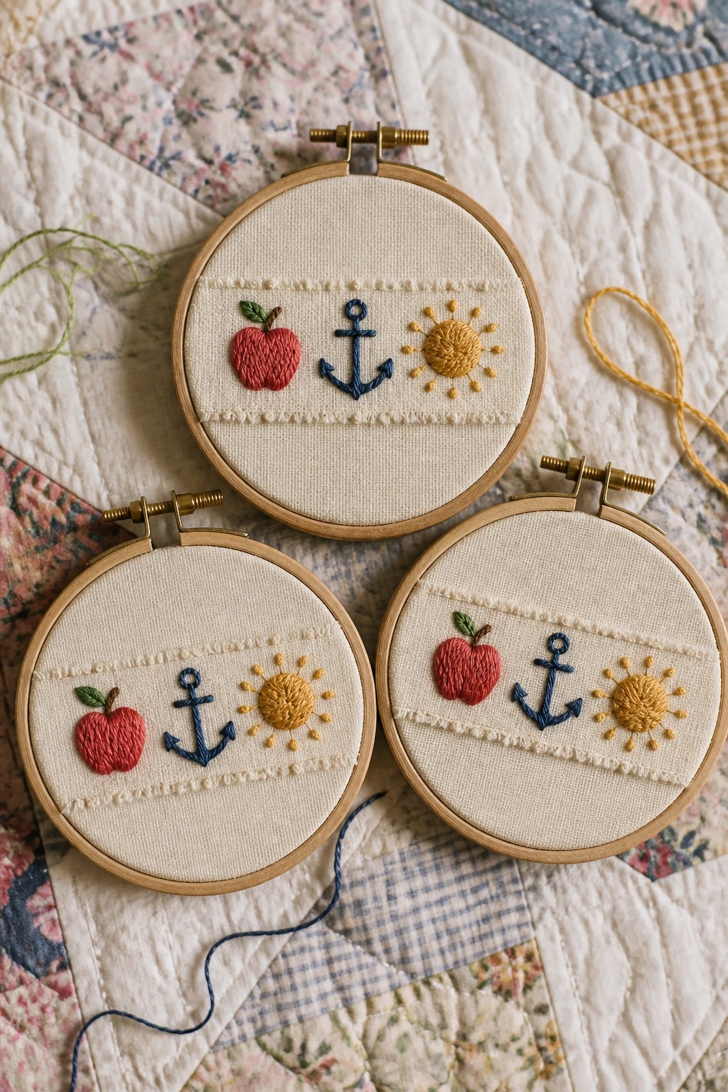 Three wooden hoops with red apple, blue anchor, yellow sun embroidery on quilt