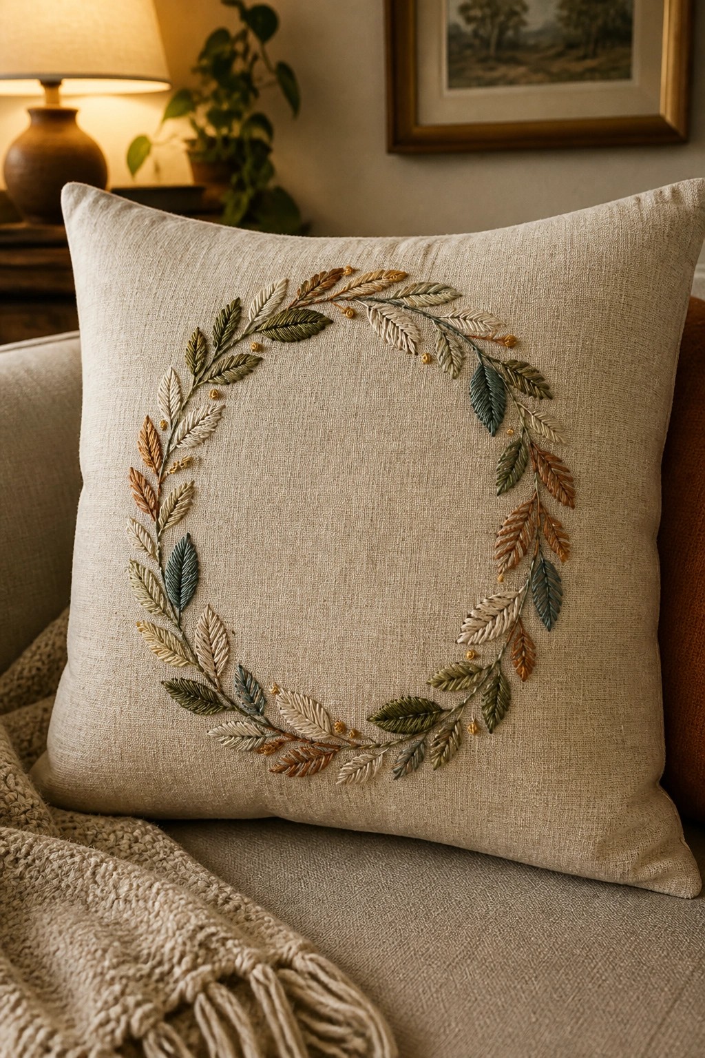 A square beige pillow with a circular wreath of embroidered leaves in green, brown, and cream tones.
