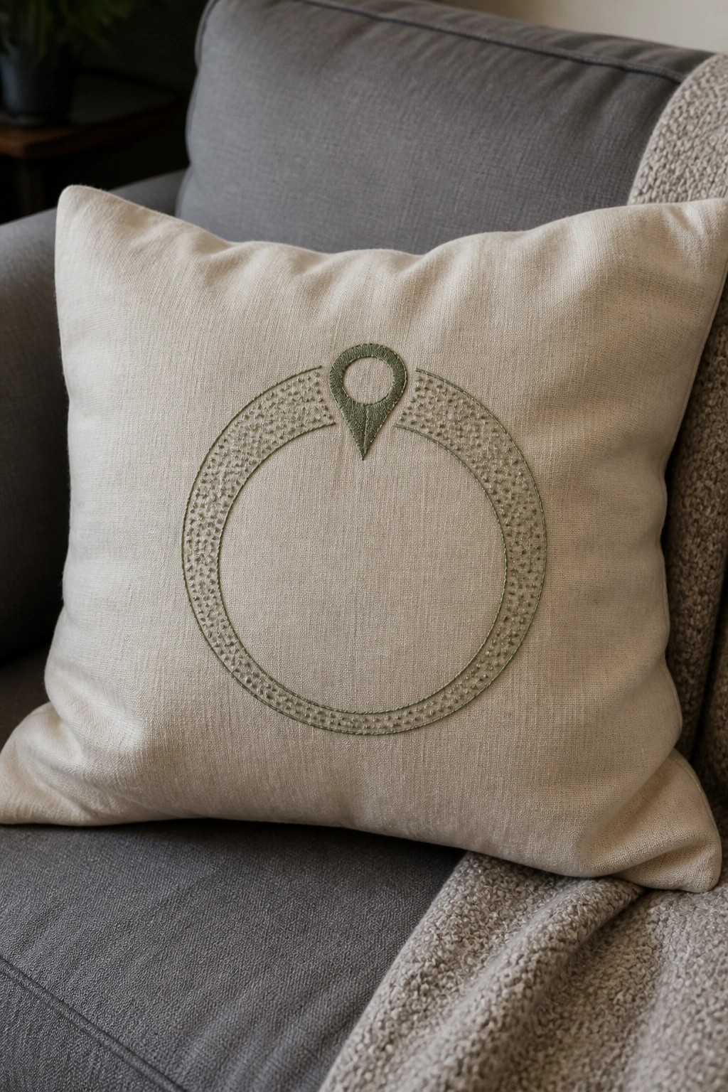 Beige pillow with green embroidered circle and location pin on gray couch.