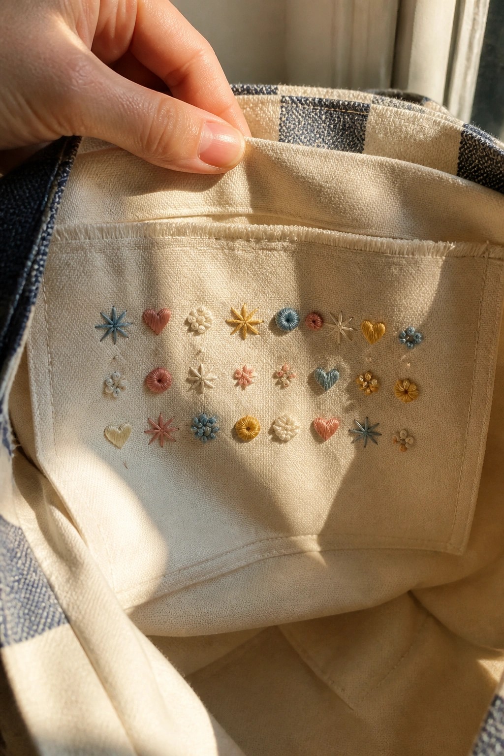 Hand holding open checkered fabric revealing colorful embroidered stars hearts and flowers on lining.