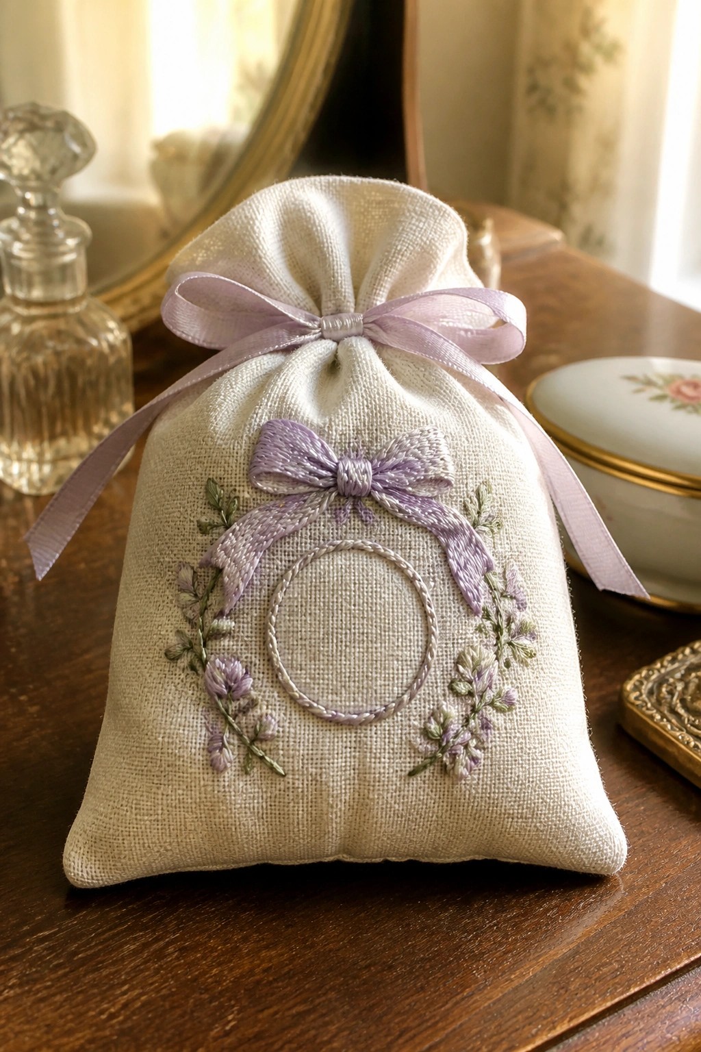 Embroidered cream linen pouch with lavender bow and floral wreath on wood.