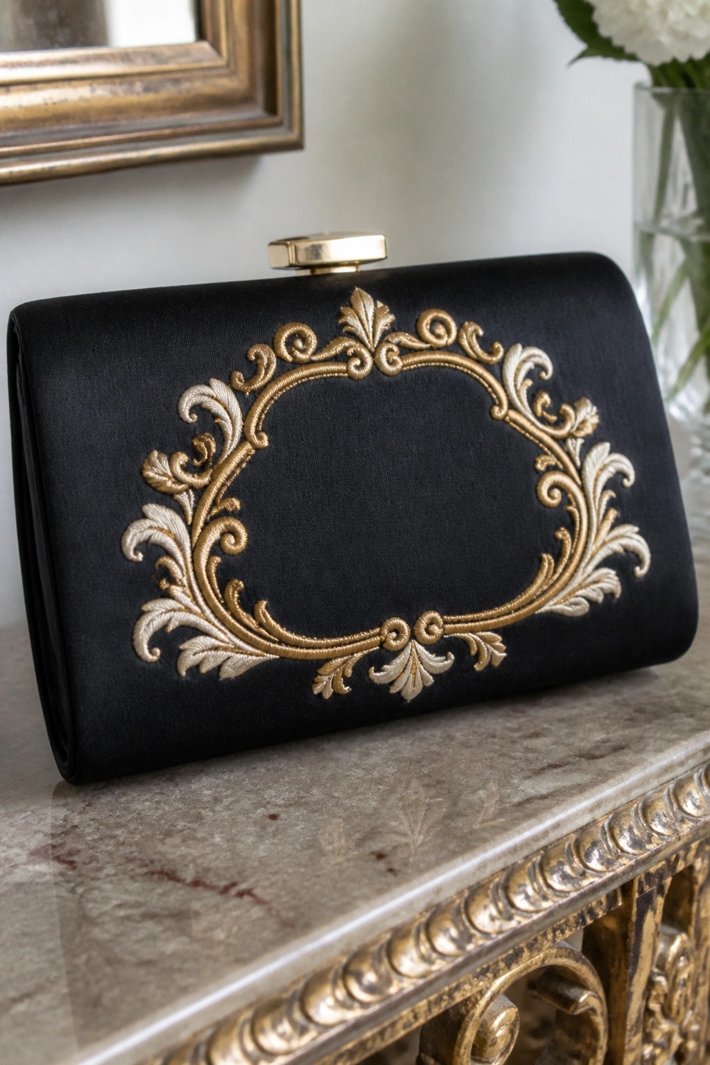 A black clutch bag with a large ornate gold and silver embroidered frame centered on the front.