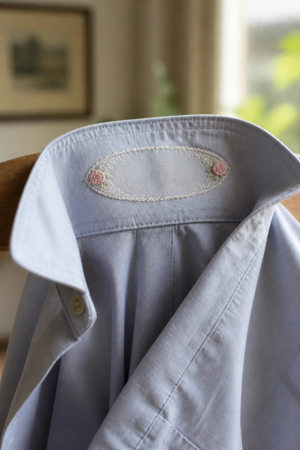 Light blue button-up shirt collar with an oval embroidery of two small pink roses.