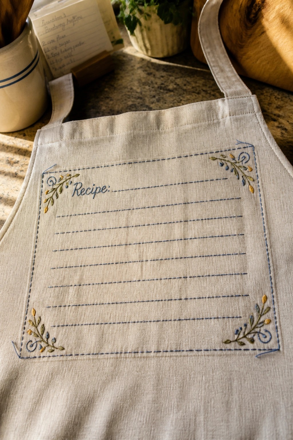 Beige apron with embroidered rectangle containing