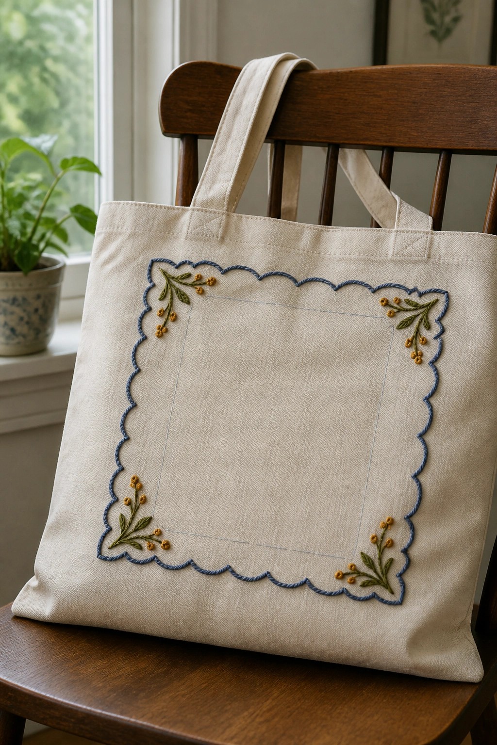 Cream tote bag with blue scalloped embroidery and floral corners on wooden chair.