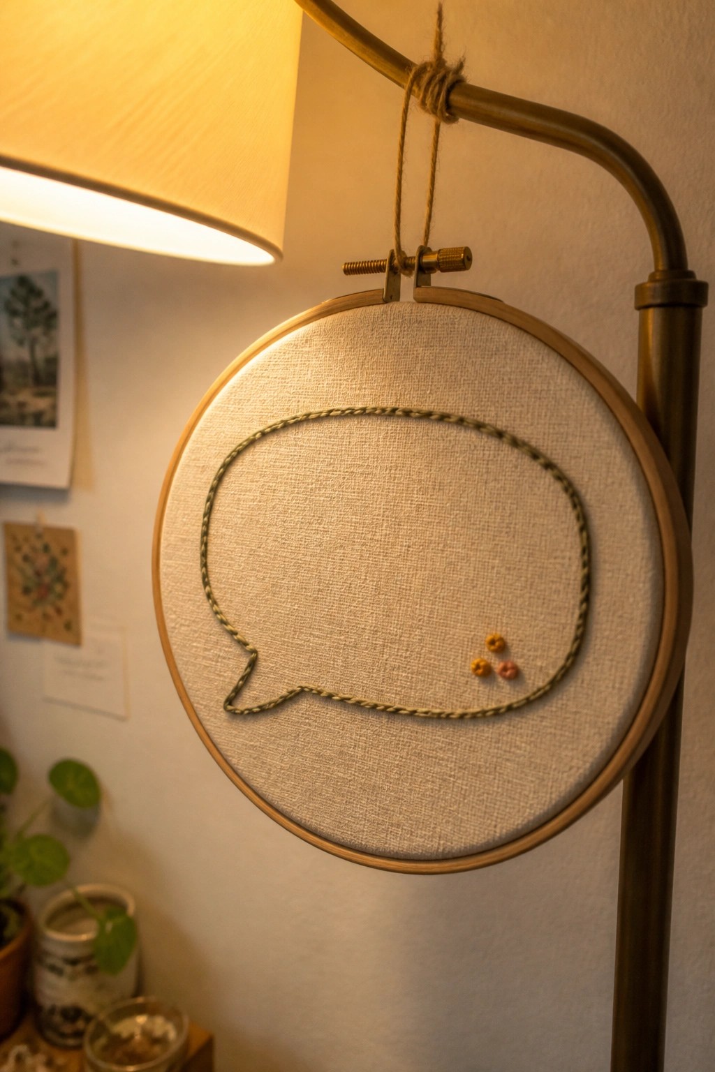 Embroidered green speech bubble with colorful dots in hoop on lamp