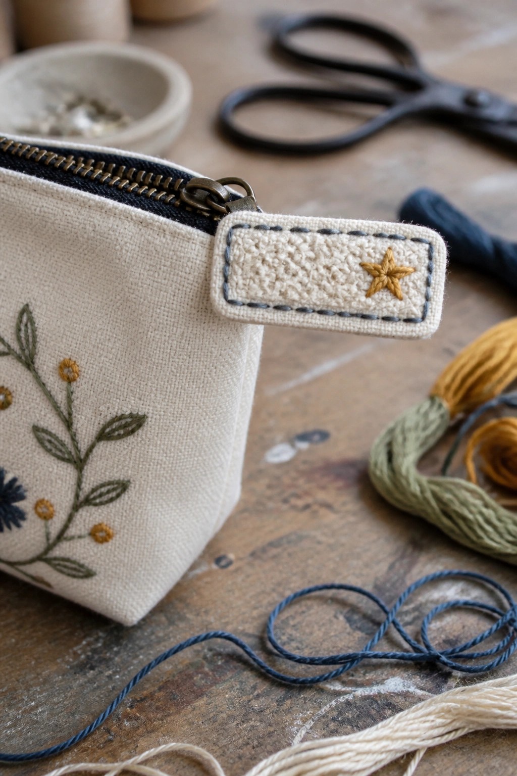 Close-up of a canvas pouch with a zipper and a small embroidered star on the fabric tab of the pull.