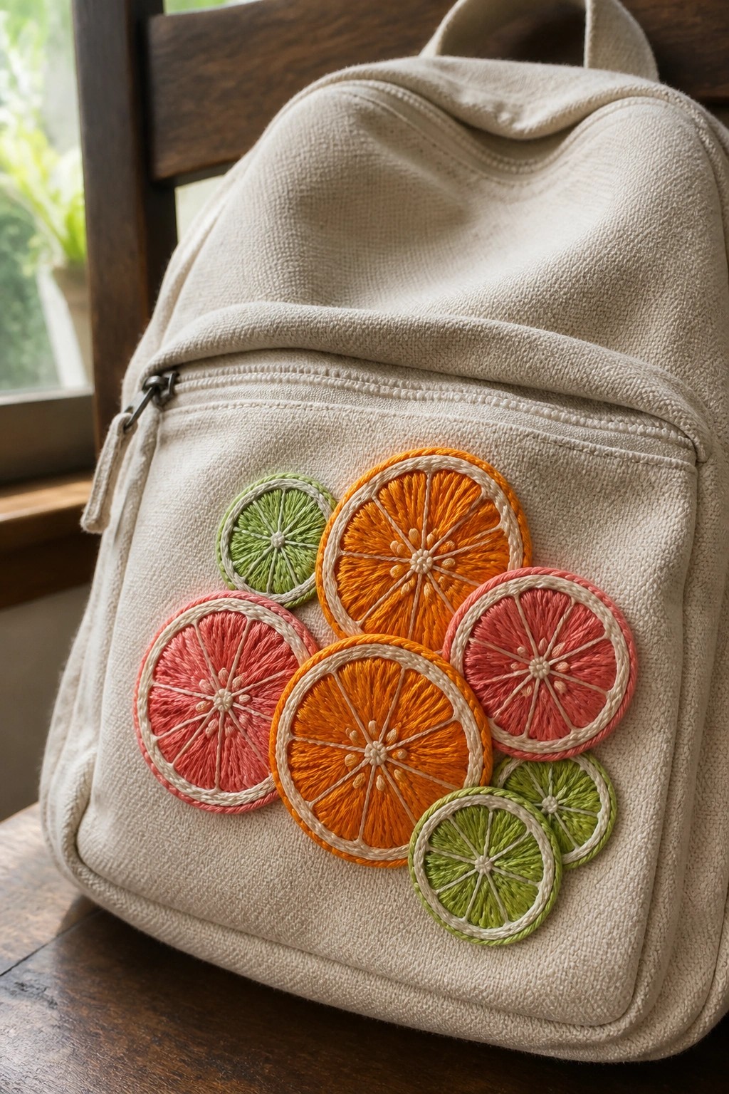 Beige canvas backpack with embroidered orange, grapefruit, and lime slices.