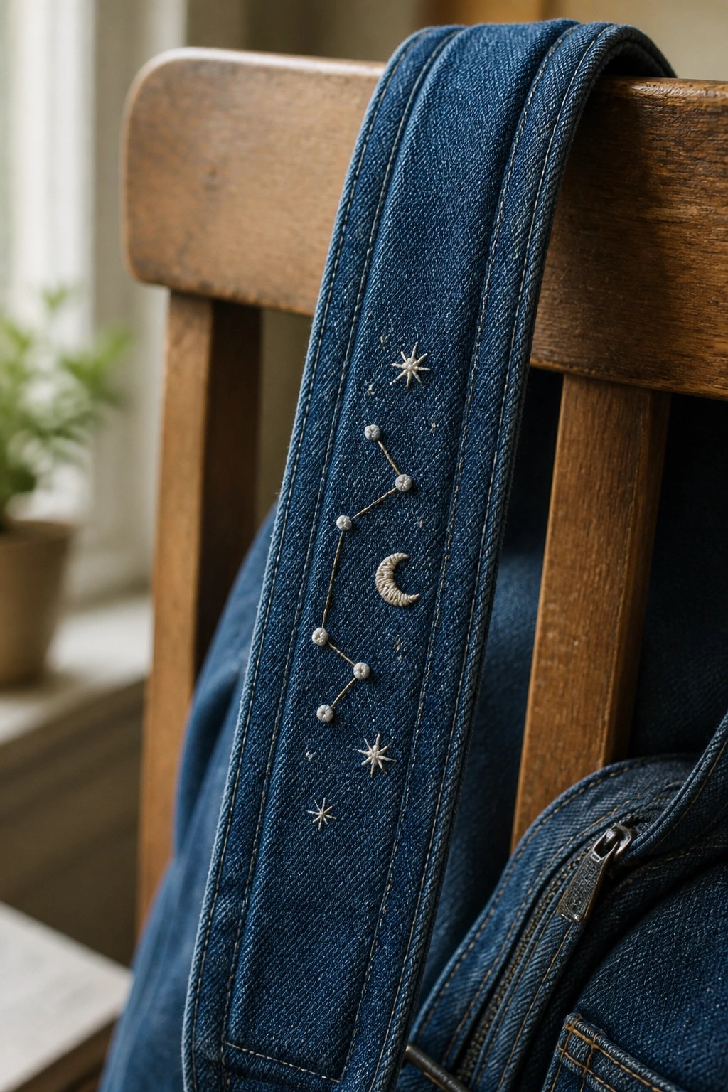 Blue denim backpack strap with embroidered stars and crescent moon on wooden chair