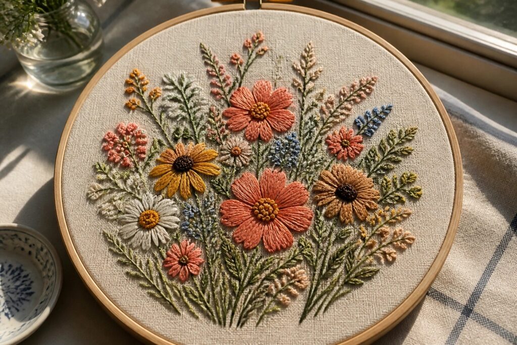 25 Artistic Embroidery Ideas That Mix Texture, Color, and Handmade Detail Embroidery hoop with colorful wildflowers in orange, yellow, pink, and blue threads