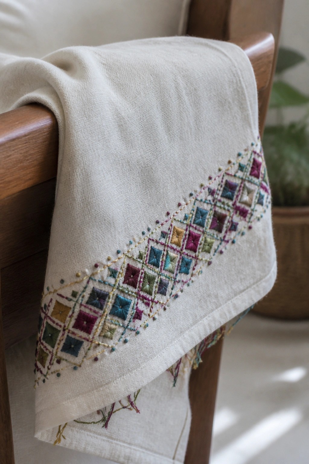 Cream fabric with a multicolored geometric border of squares and diamonds stitched along one edge, draped over a wooden chair.