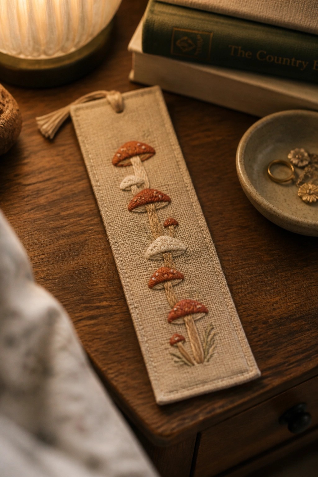 Embroidered mushroom bookmark on wooden table with books, lamp, and jewelry dish