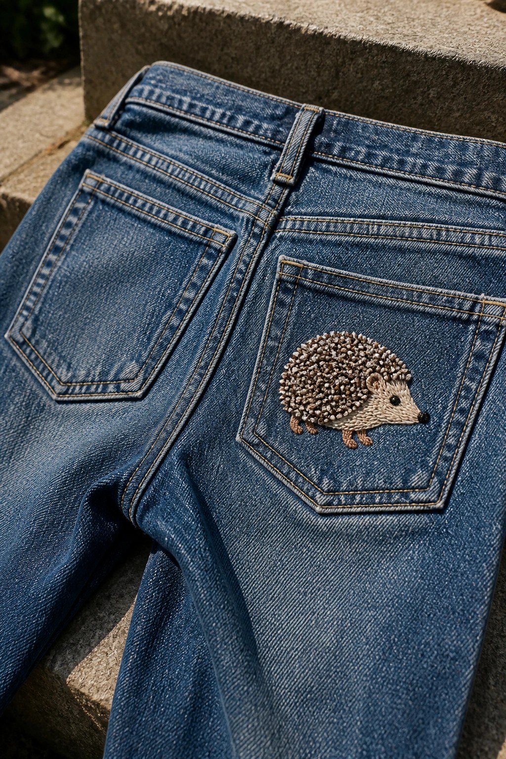 Blue denim jeans with a small embroidered hedgehog on the back right pocket.
