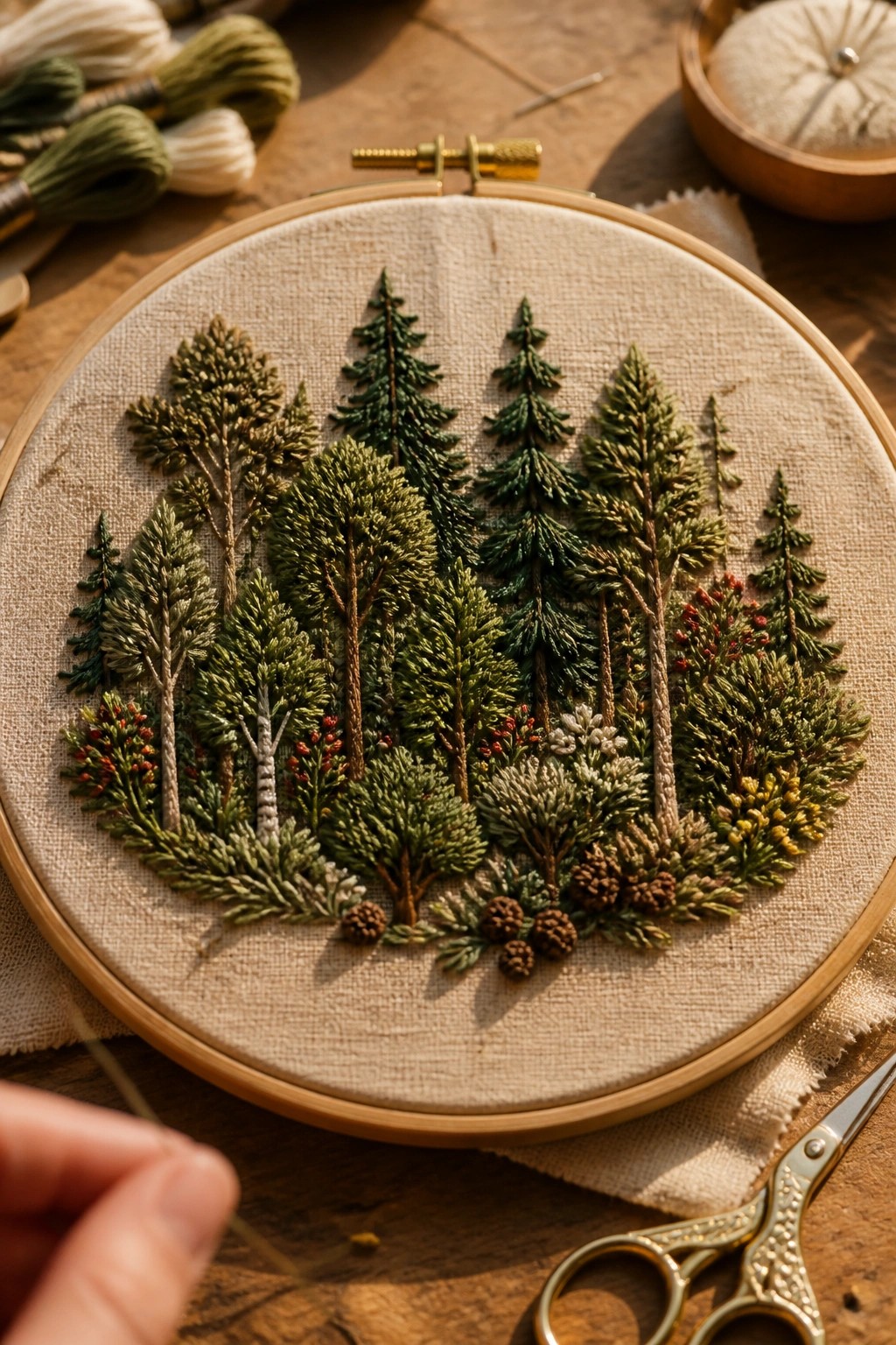 Embroidered forest scene with green trees and pinecones in wooden hoop.
