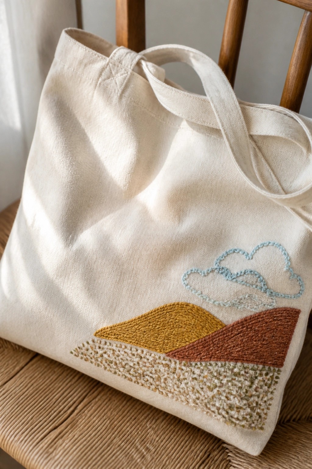 Cream canvas tote bag with embroidered hills in yellow, brown, and speckled thread plus light blue clouds resting on a wooden chair.