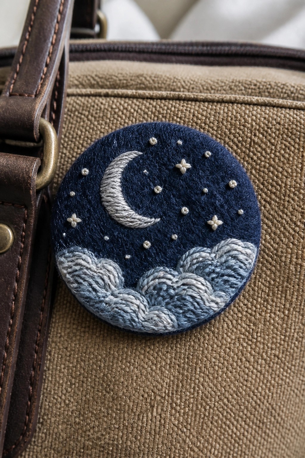 Embroidered crescent moon, stars, and clouds on blue patch on beige bag.